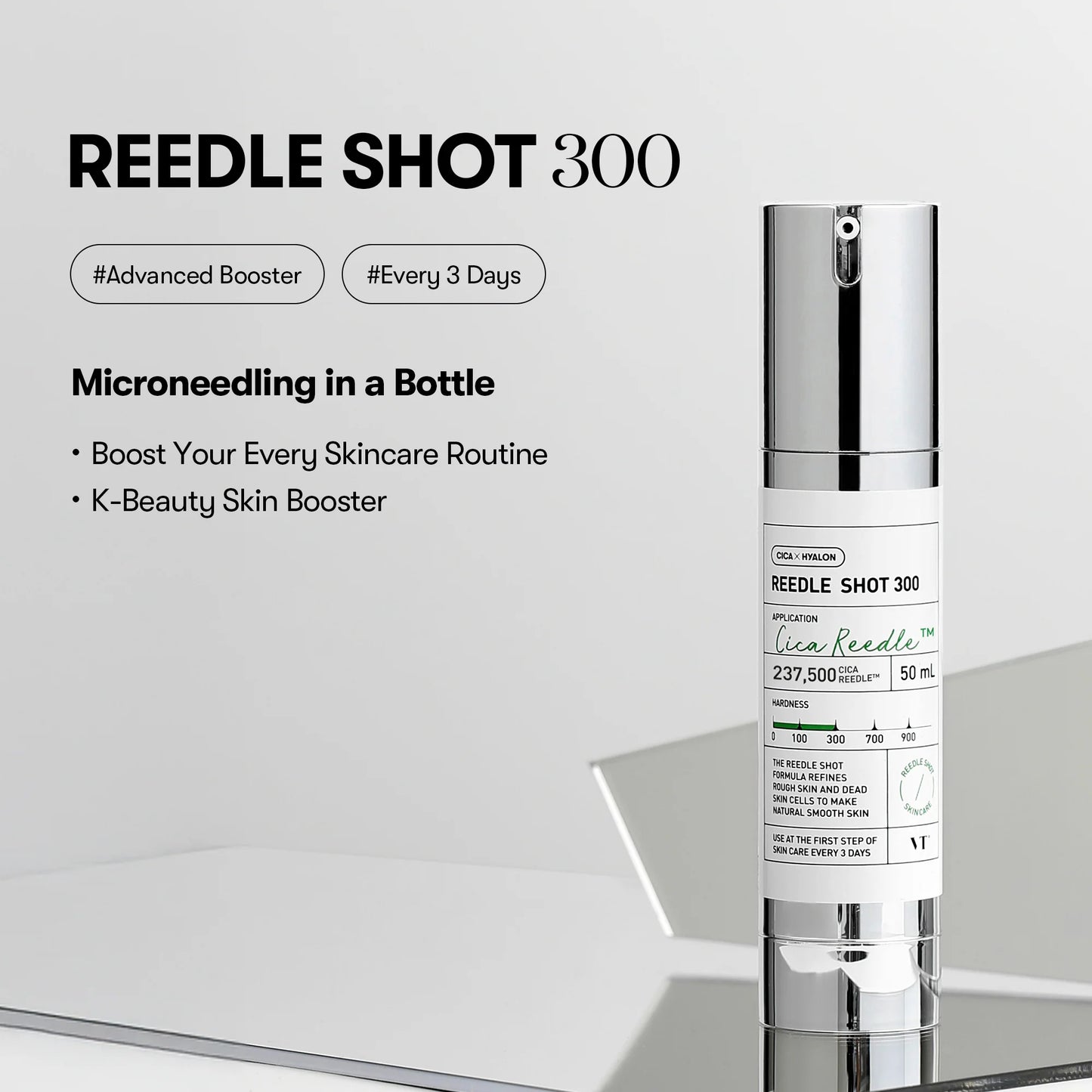 Skincare product 'REEDLE SHOT 300' on a reflective surface with a white background
