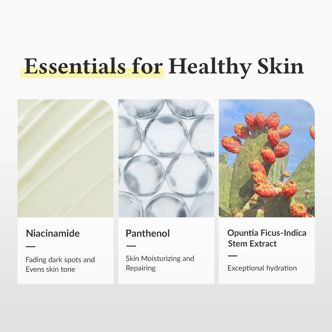Promotional graphic for skincare essentials with images and descriptions of niacinamide, panthenol, and opuntia ficus-indica stem extract.