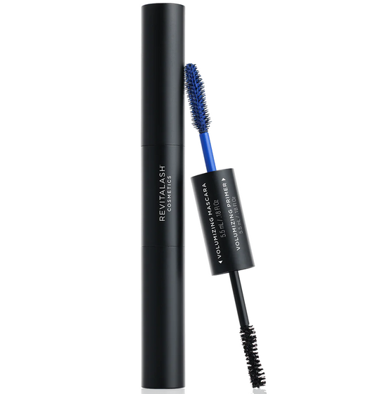 Revitalash mascara with black tube and blue brush on a white background