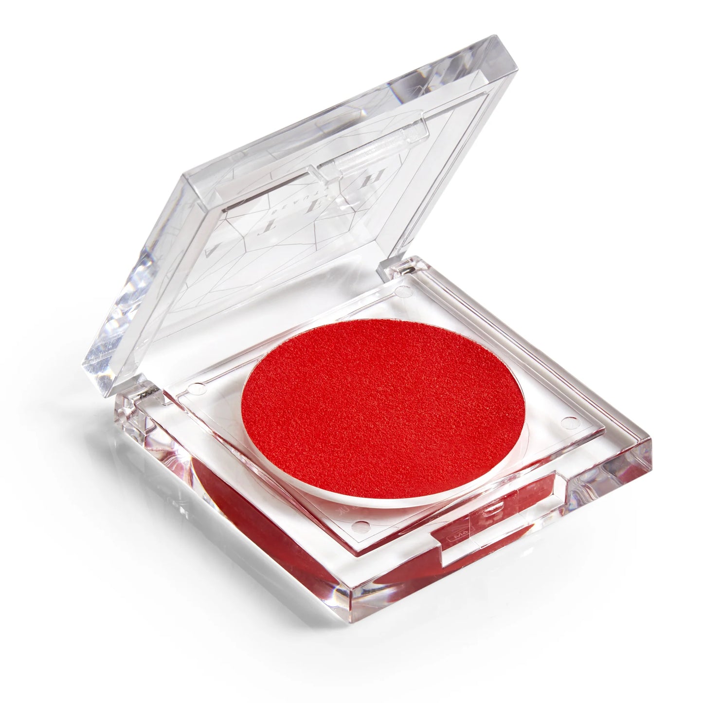 A clear compact case with a vibrant red blush inside, lid open.
