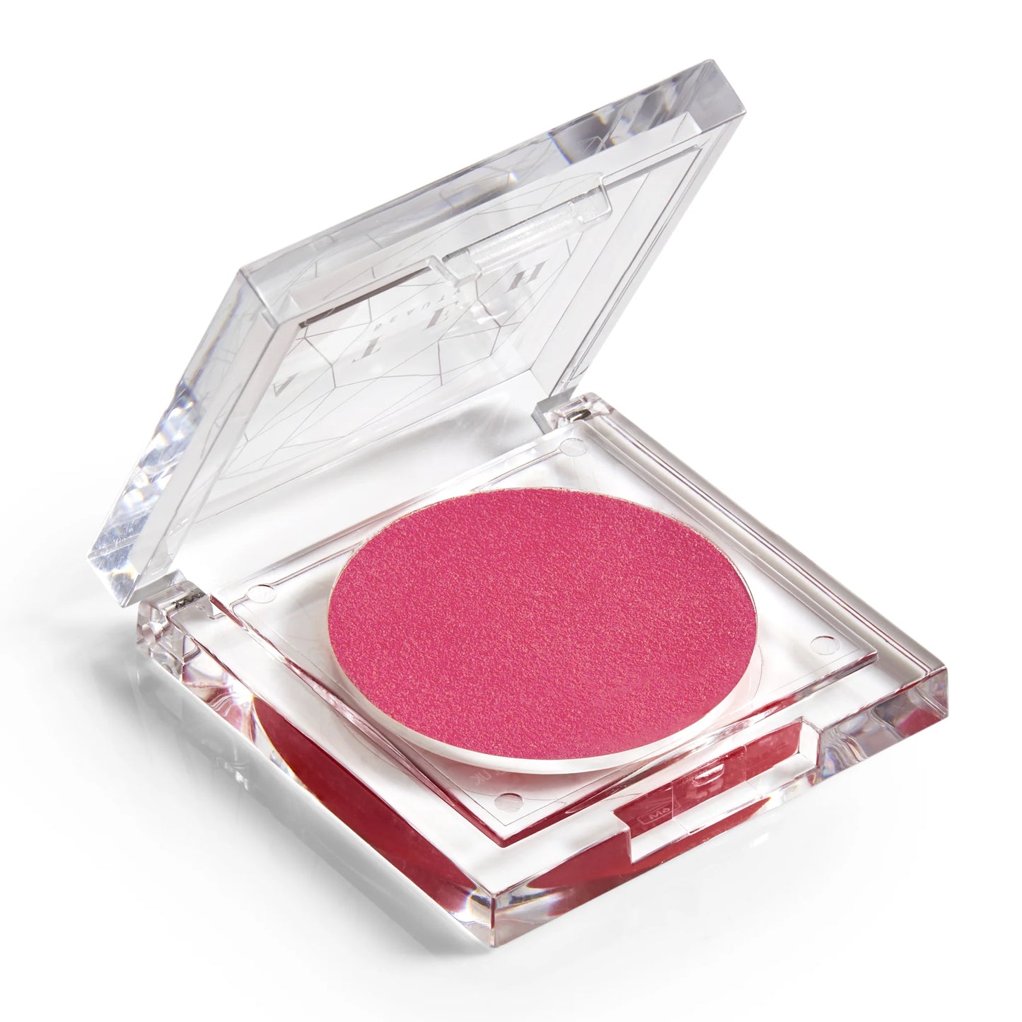 A clear compact case with a pink blush makeup pan inside, labeled 'Watson Watermelon'.