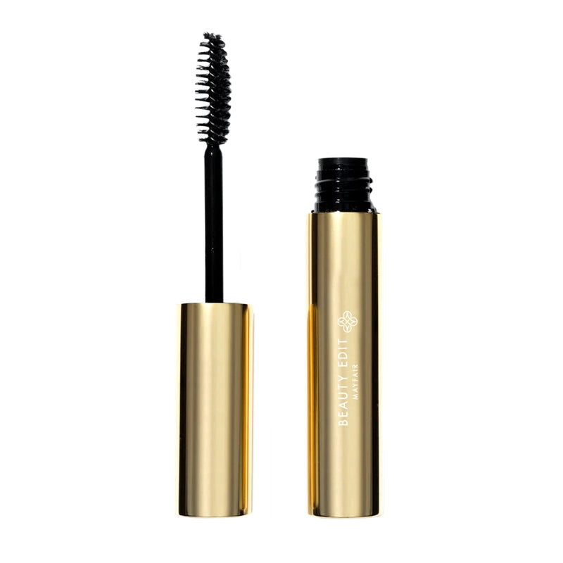 A gold-colored tube with a black brush applicator for eyebrow gel, labeled 'Beauty Edit Mayfair'.