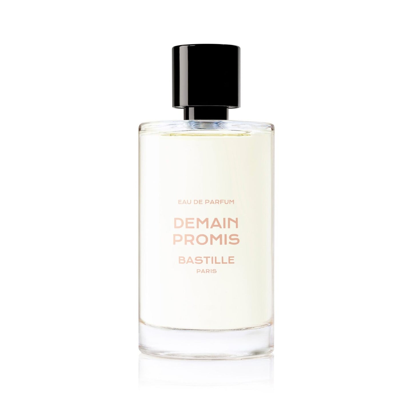A bottle of 'Demain Promis EDP' by Bastille, placed next to its packaging box. The bottle is clear with a black cap, and the label has the brand name and product name printed on it.