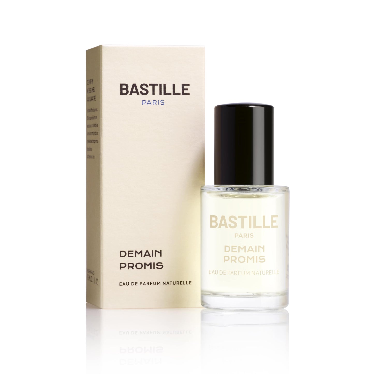A bottle of 'Demain Promis EDP' by Bastille, placed next to its packaging box. The bottle is clear with a black cap, and the label has the brand name and product name printed on it.