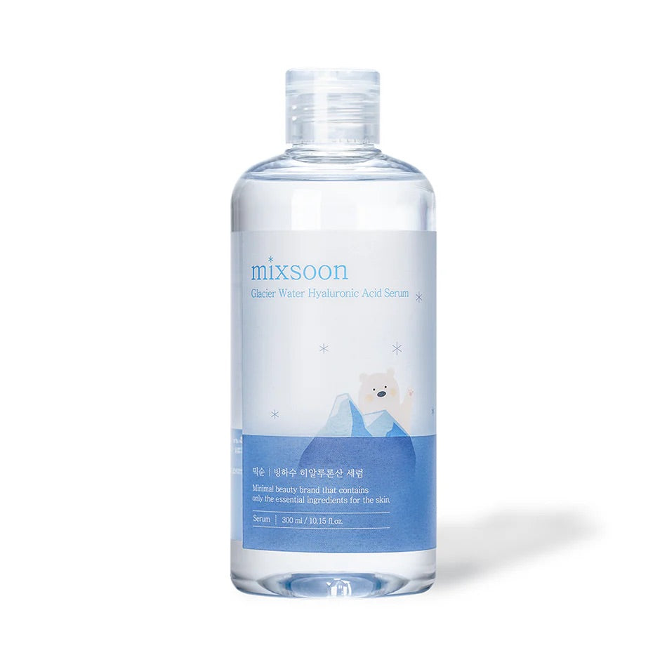 A clear glass bottle containing Glacier Water Hyaluronic Acid Serum with a blue label, cap, and dropper.