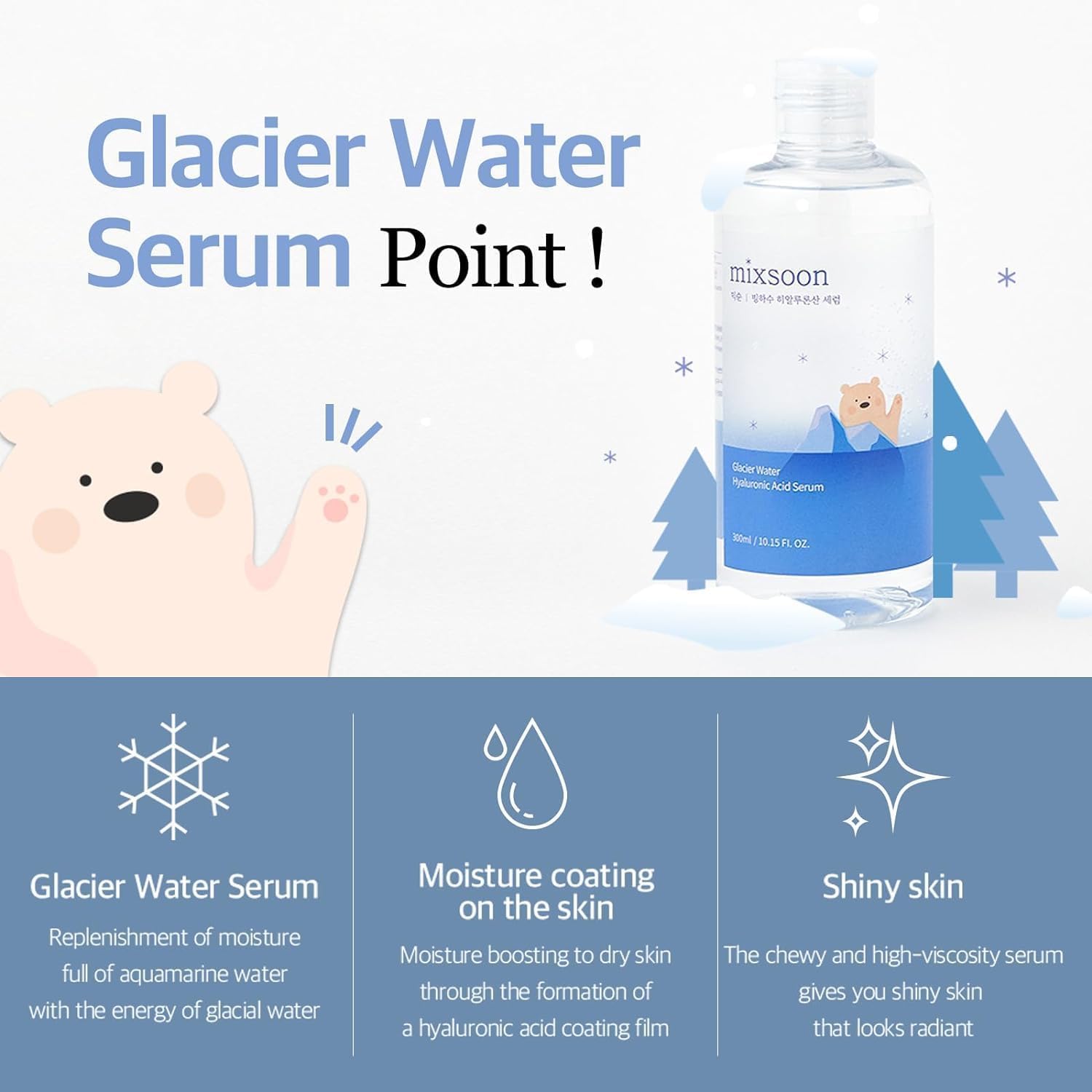 Promotional graphic for Glacier Water Serum with a bear illustration and product packaging.