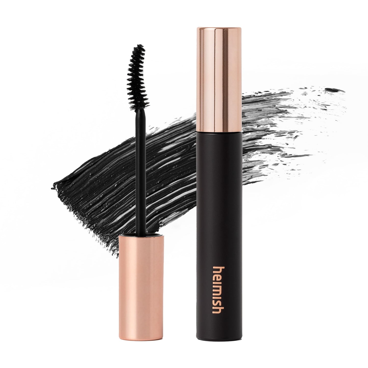 Mascara with black wand and rose gold and black casing on a white background, featuring the brand 'heimish'.
