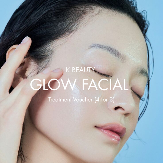Advertisement for K Beauty Glow Facial with a woman's face and text overlay on a blue background