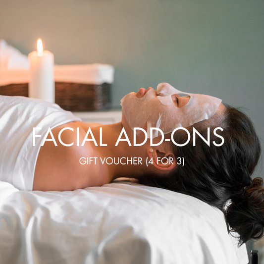 Woman receiving a facial with text overlay for facial add-ons and gift voucher offer.