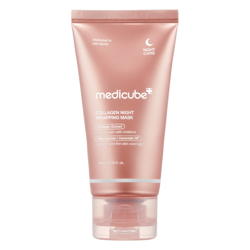 A pink tube packaging of Medicube Collagen Night Wrapping Mask with the product name and benefits listed on the front.