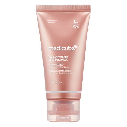 A pink tube packaging of Medicube Collagen Night Wrapping Mask with the product name and benefits listed on the front.