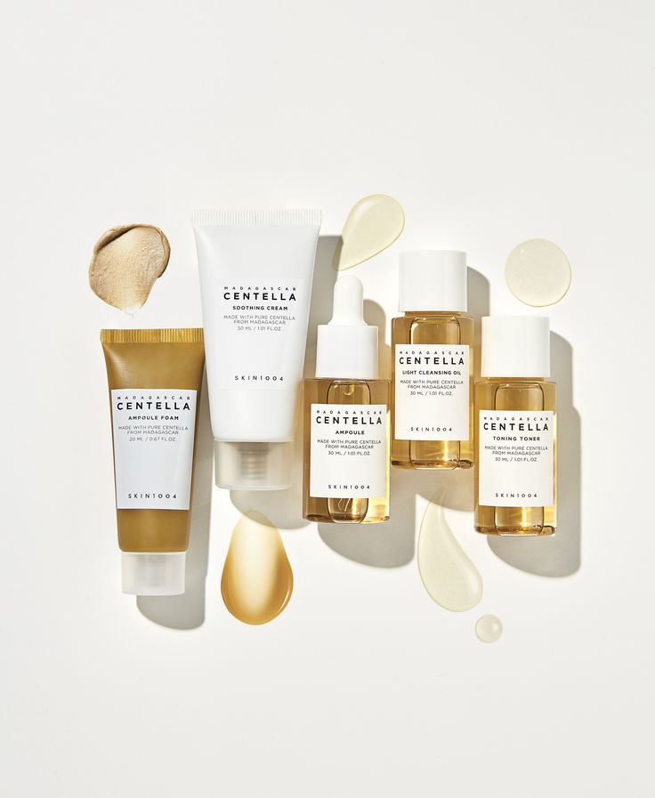 Skincare products with 'Narcissus Centella' branding on a light gray background