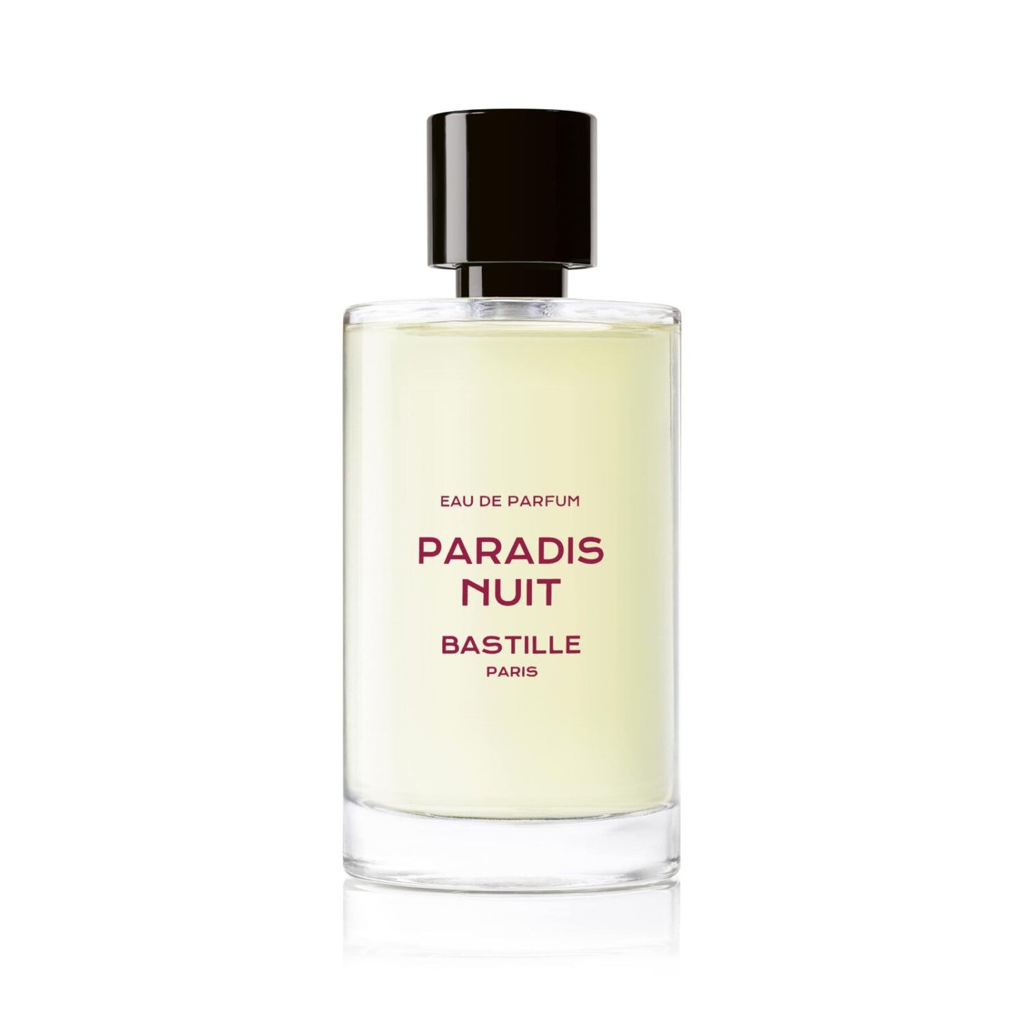 A bottle of 'Paradis Nuit' EDP by Bastille, with a purple box in the background. The bottle has a black cap and a label with white text on a purple background.
