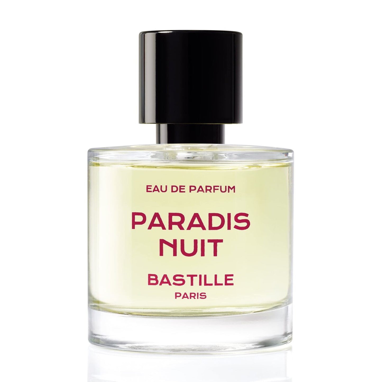 A bottle of 'Paradis Nuit' EDP by Bastille, with a purple box in the background. The bottle has a black cap and a label with white text on a purple background.
