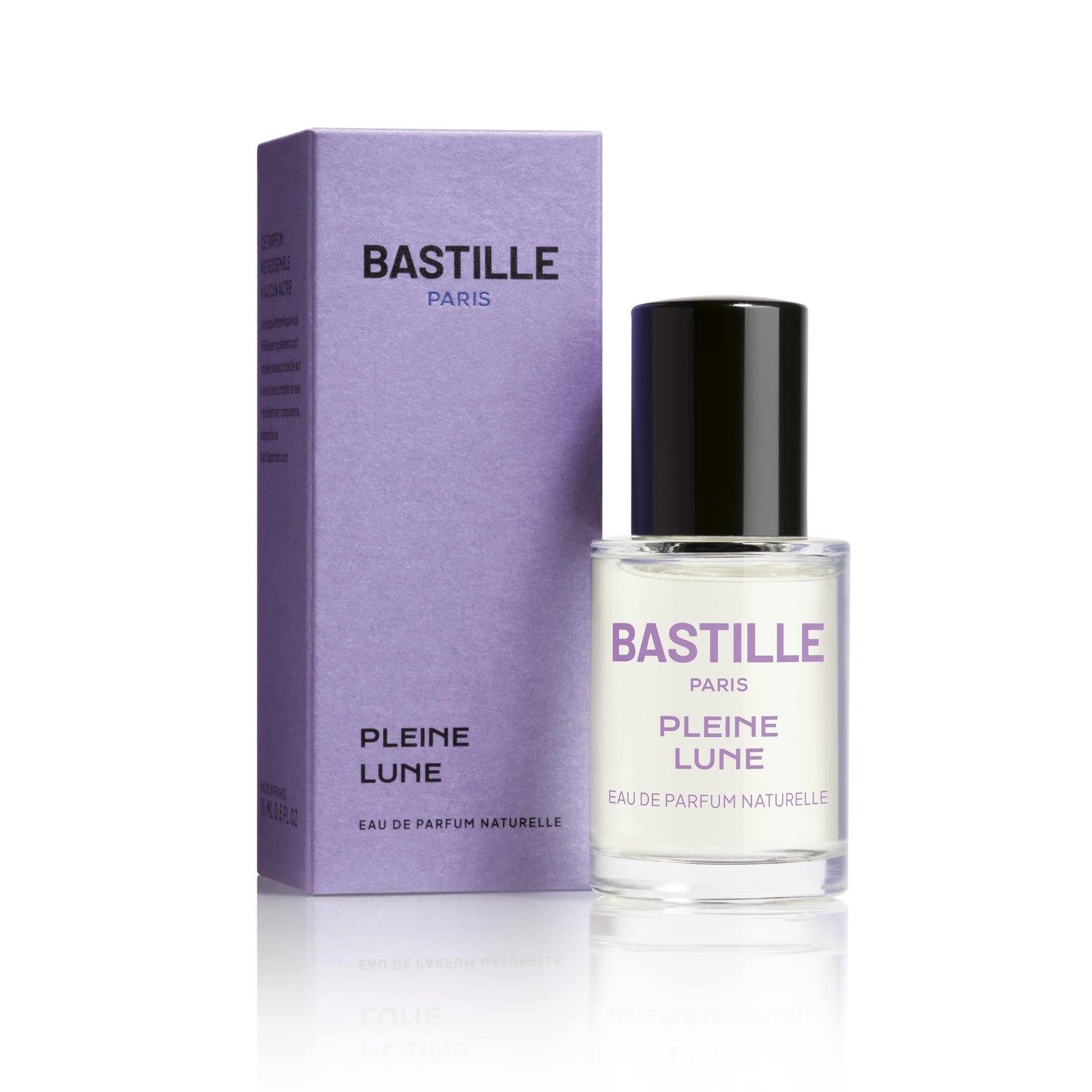 A bottle of Pleine Lune EDP perfume next to its purple box, with the brand name BASTILLE Paris visible.