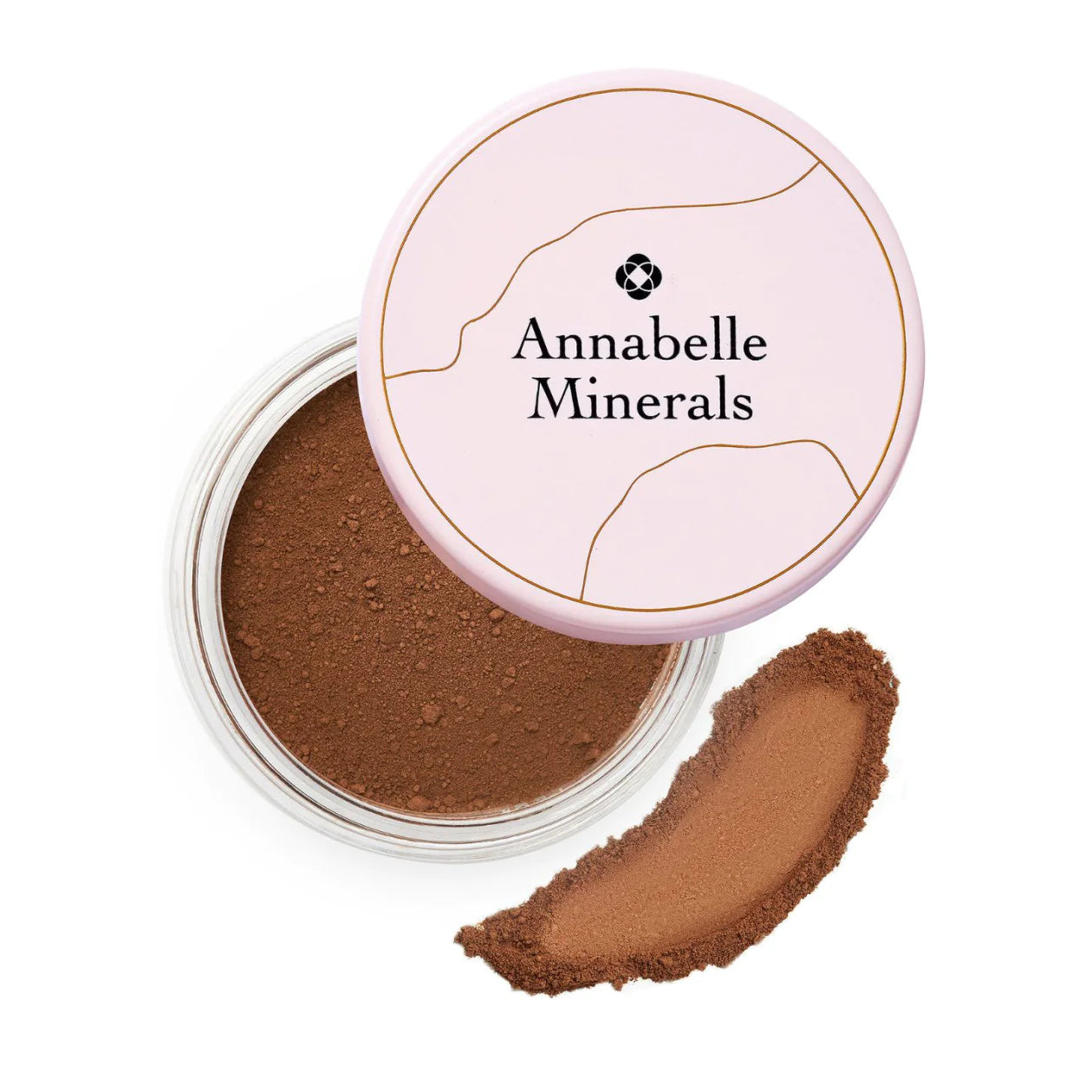 Open container of Annabelle Minerals powder with a swatch on a white background