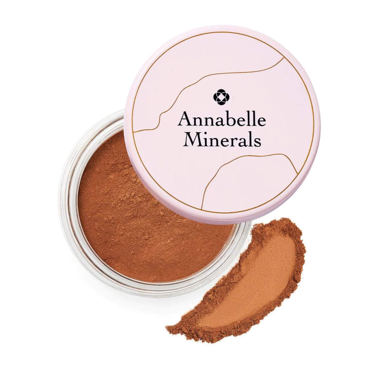 Open container of Annabelle Minerals with brown powder and a swatch on a white background