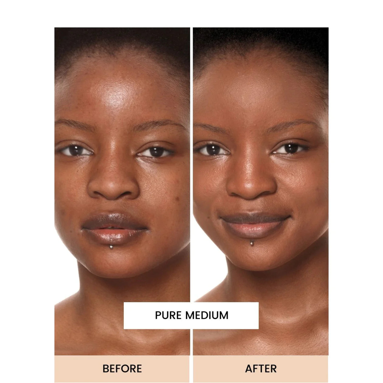 Before and after comparison of a woman's face with 'Pure Medium' makeup application.