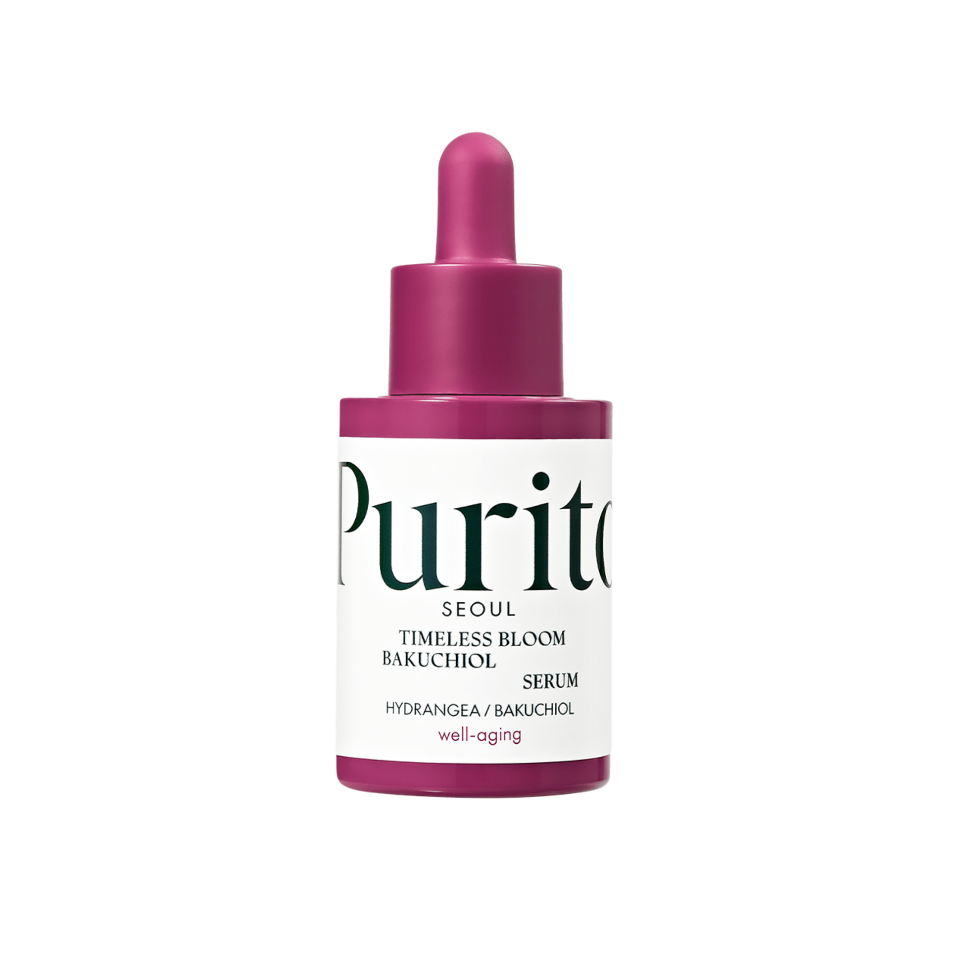 A bottle of Purito SEOUL Timeless Bloom Bakuchiol Serum with a dropper, primarily in pink and white colors.