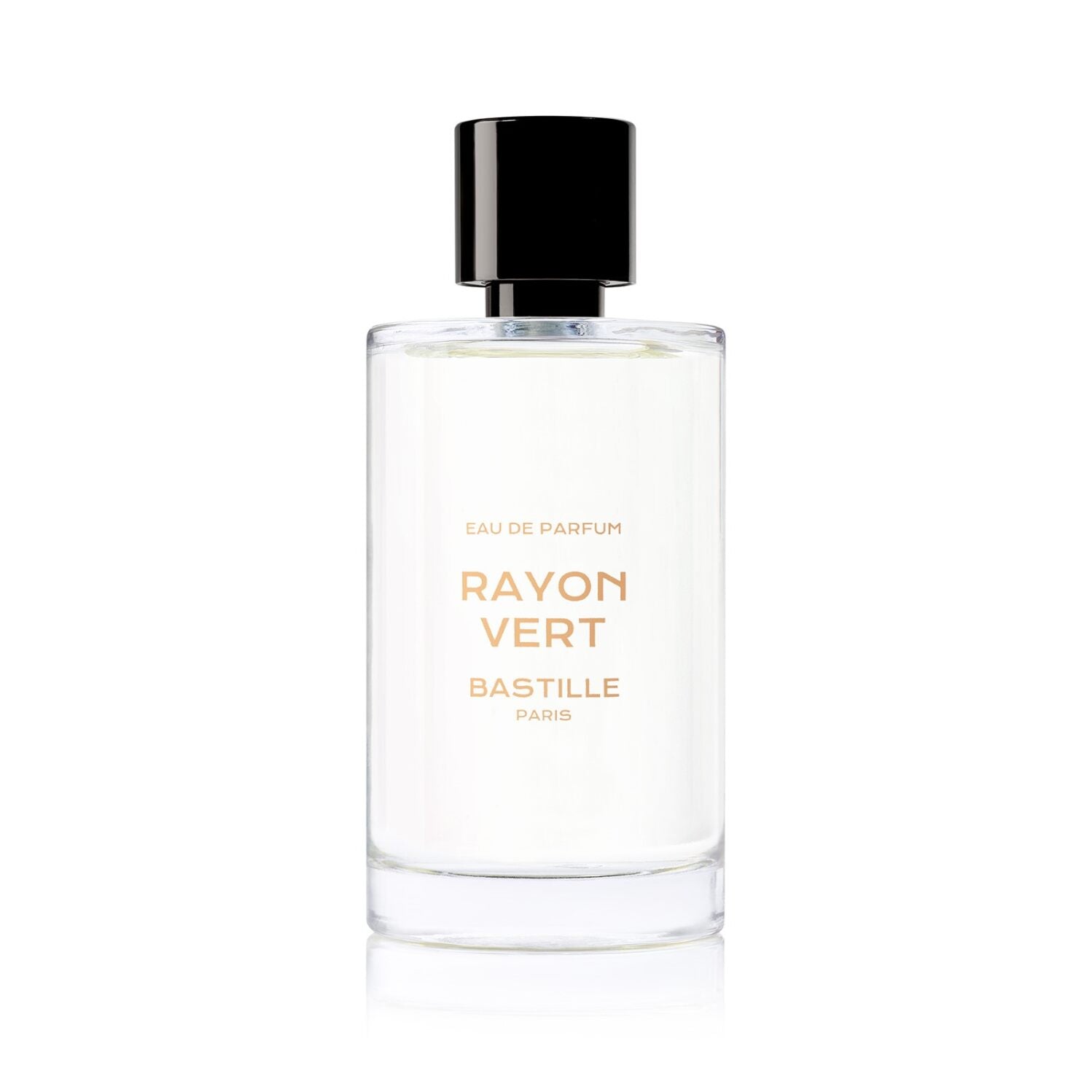 A yellow packaged perfume bottle labeled 'BASTILLE PARIS RAYON VERD' with a clear glass bottle showing the liquid inside. The box is in the background.