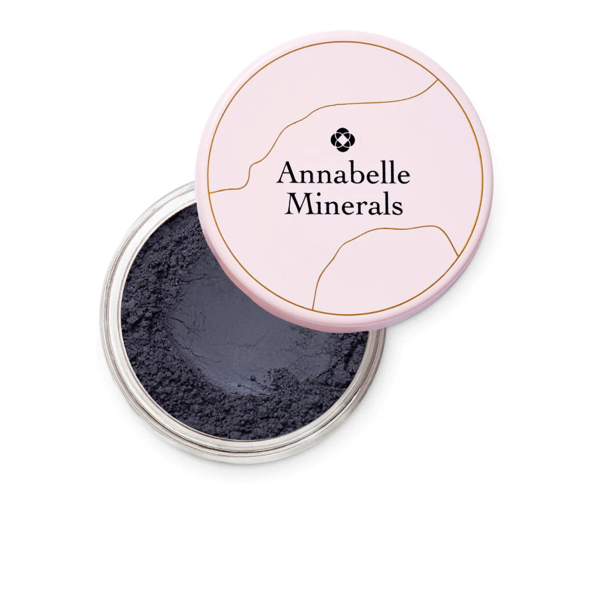Loose smoky black mineral eyeshadow with Annabelle Minerals branding on the lid.