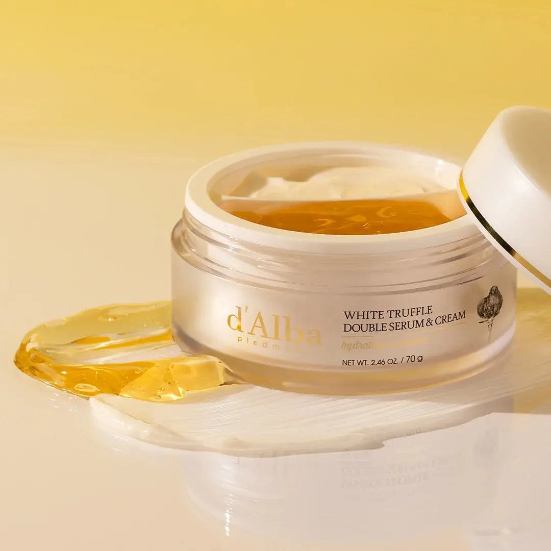 Jar of d'Alba White Truffle Double Serum & Cream on a yellow background