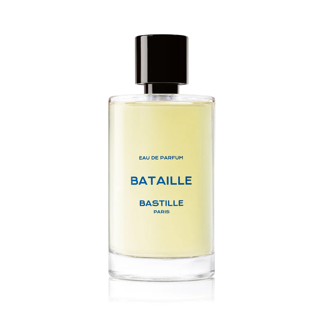A perfume bottle and box with the brand name Bastille Paris visible, the perfume name Bataille is displayed on the box.