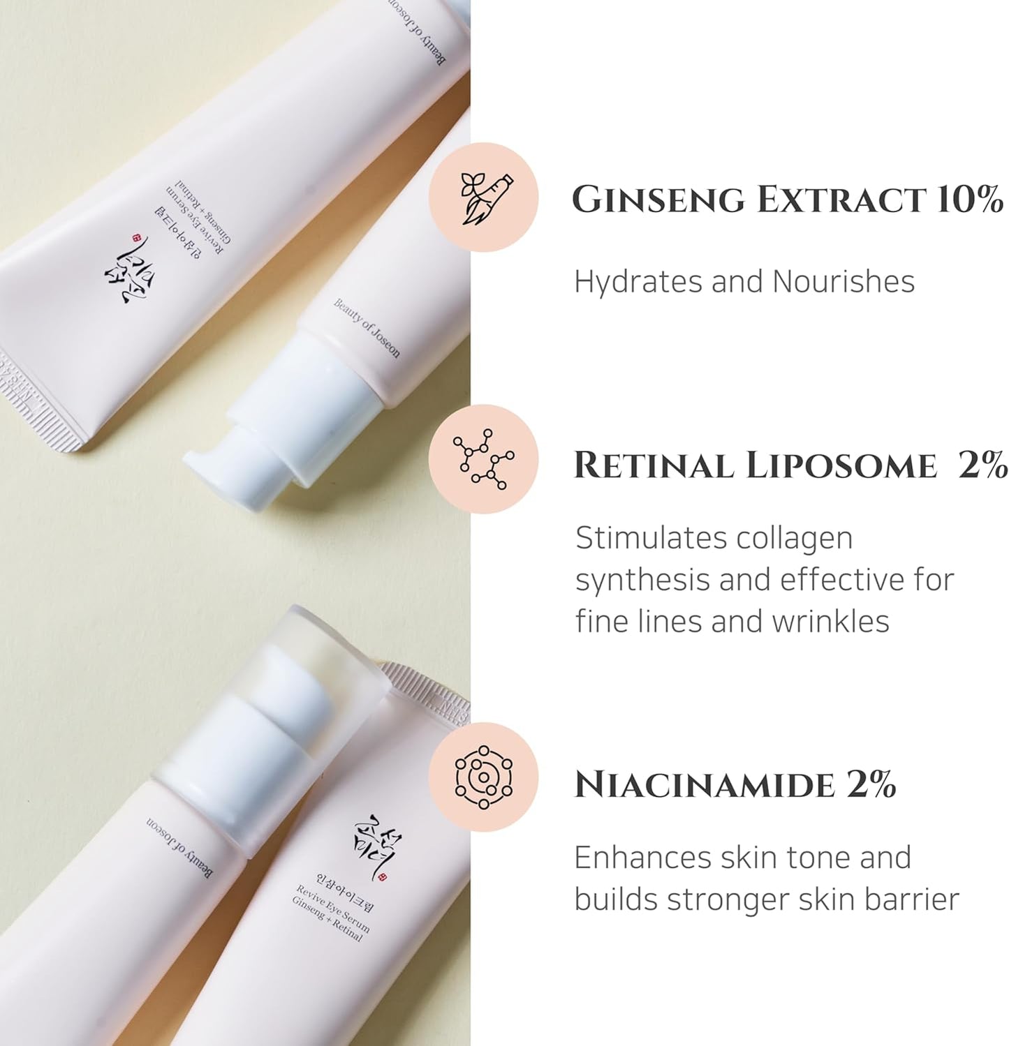 Skincare products with ginseng extract, retinal liposome, and niacinamide on a light background.