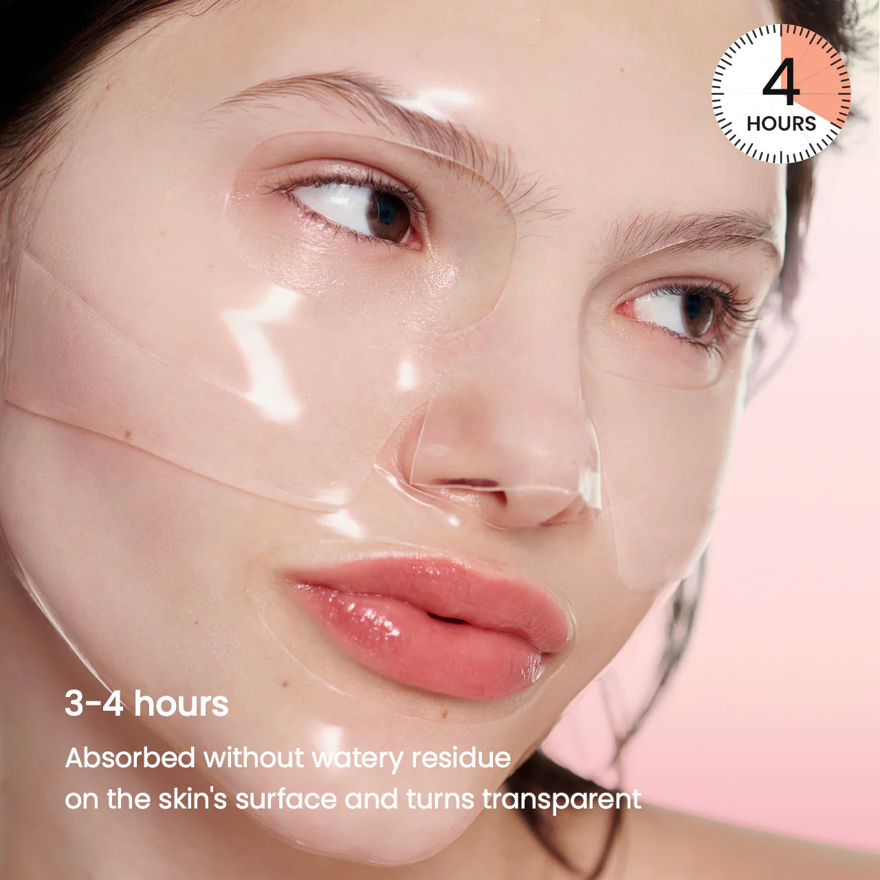 Close-up of a person's face with text indicating product absorption time on skin.