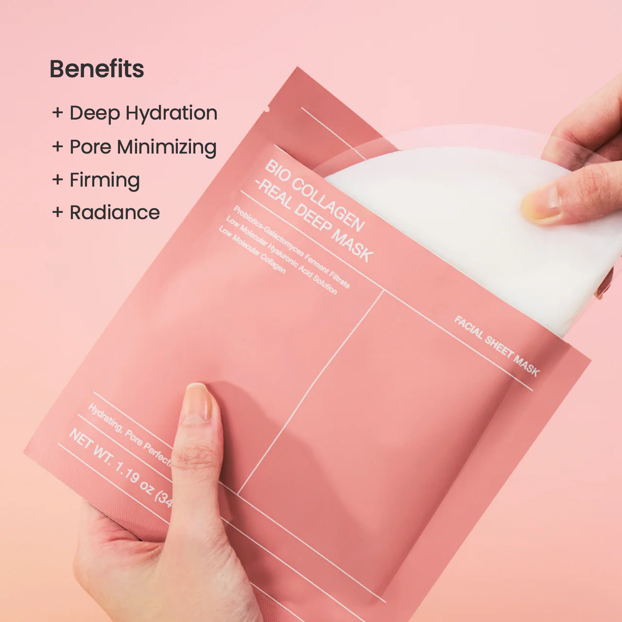 Facial sheet mask with pink packaging held by a hand on a pink background, benefits listed.