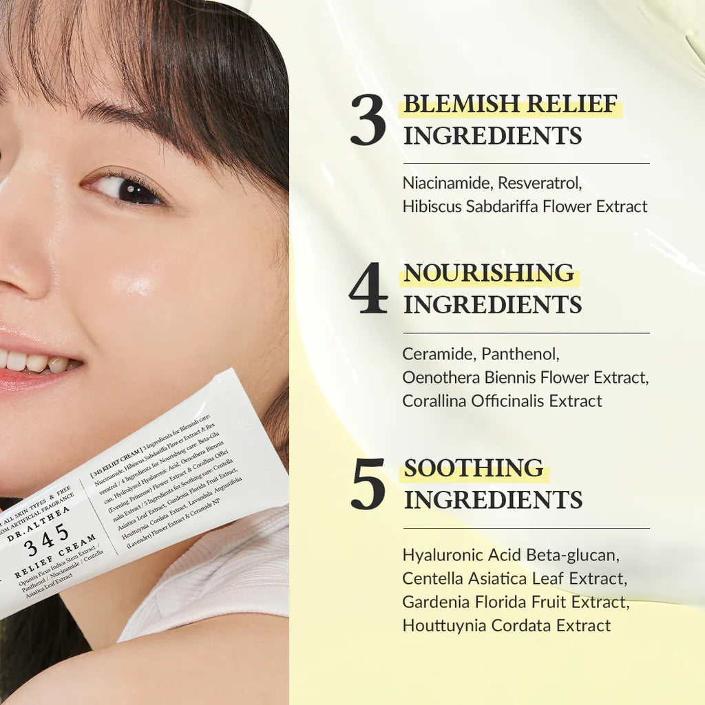 Woman holding a skincare product with listed ingredients on a beige background