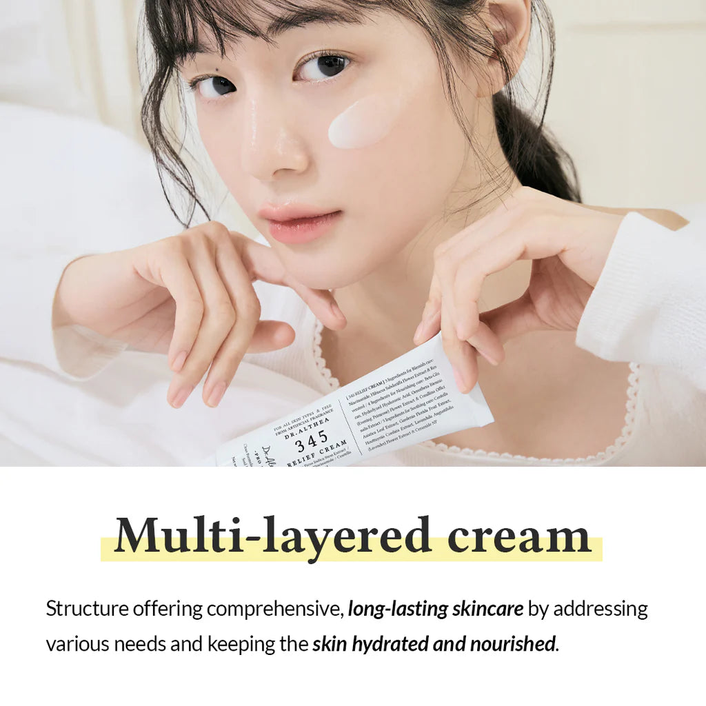 Woman holding a tube of cream with text about multi-layered skincare.