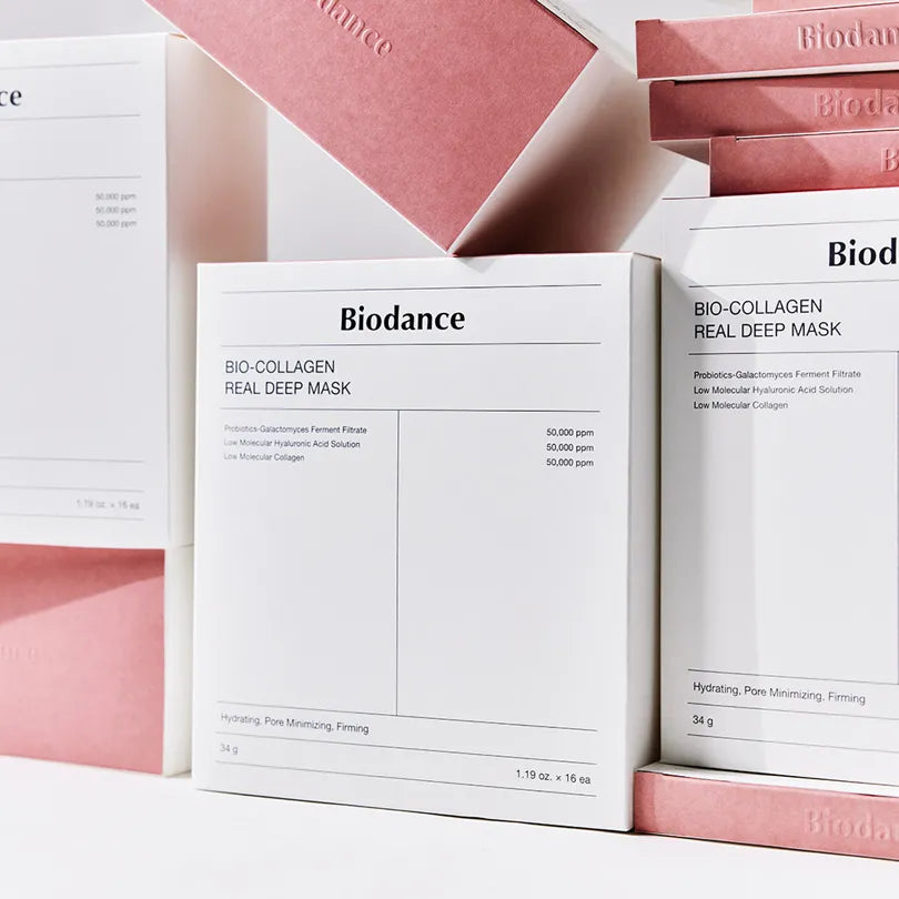 Packaging of BIODANCE Bio-Collagen Real Deep Mask with pink and white colors, text detailing product use and benefits, and branding visible.