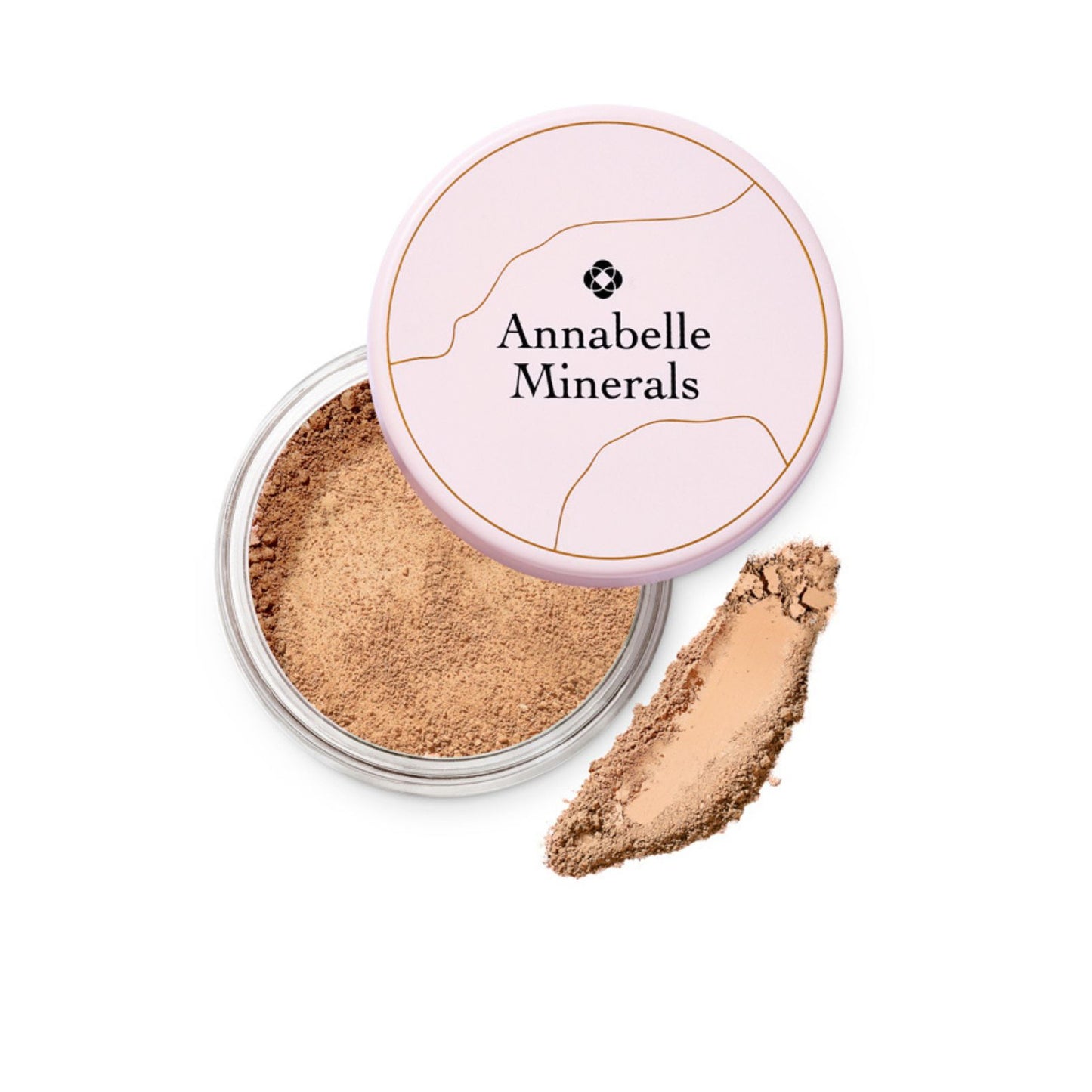 A jar of Annabelle Minerals mineral foundation with a swatch of the product next to it, showing a beige color with an olive undertone.
