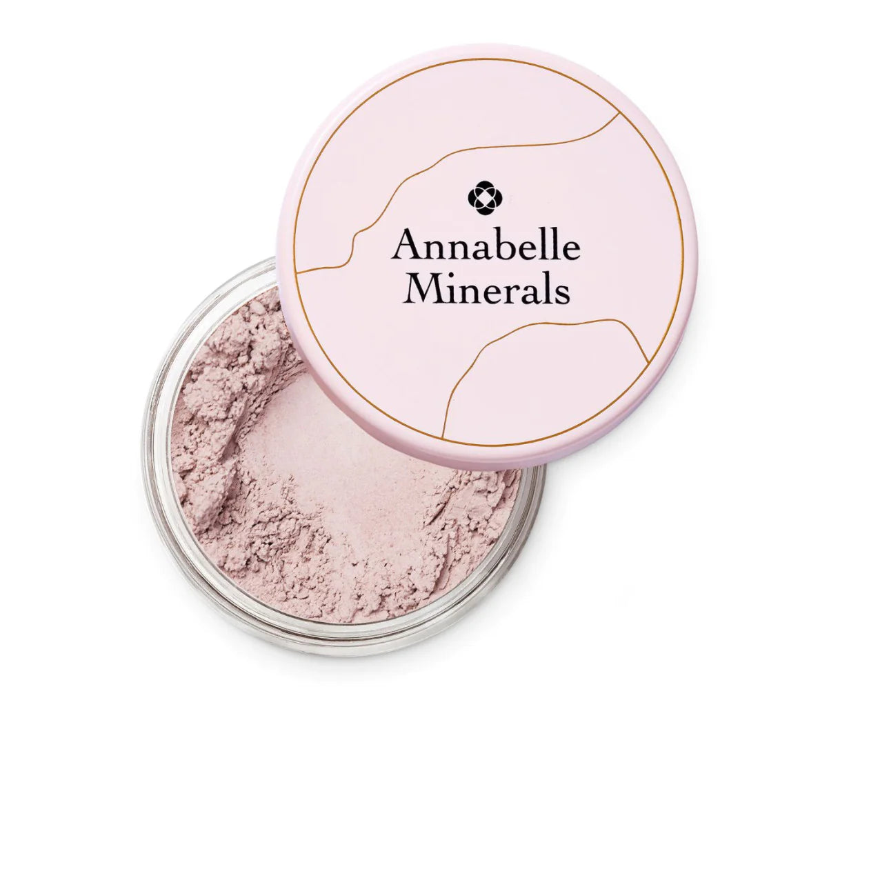 A jar of Annabelle Minerals loose clay eye shadow in a pink shade, with the brand name and a small star logo visible on the lid.