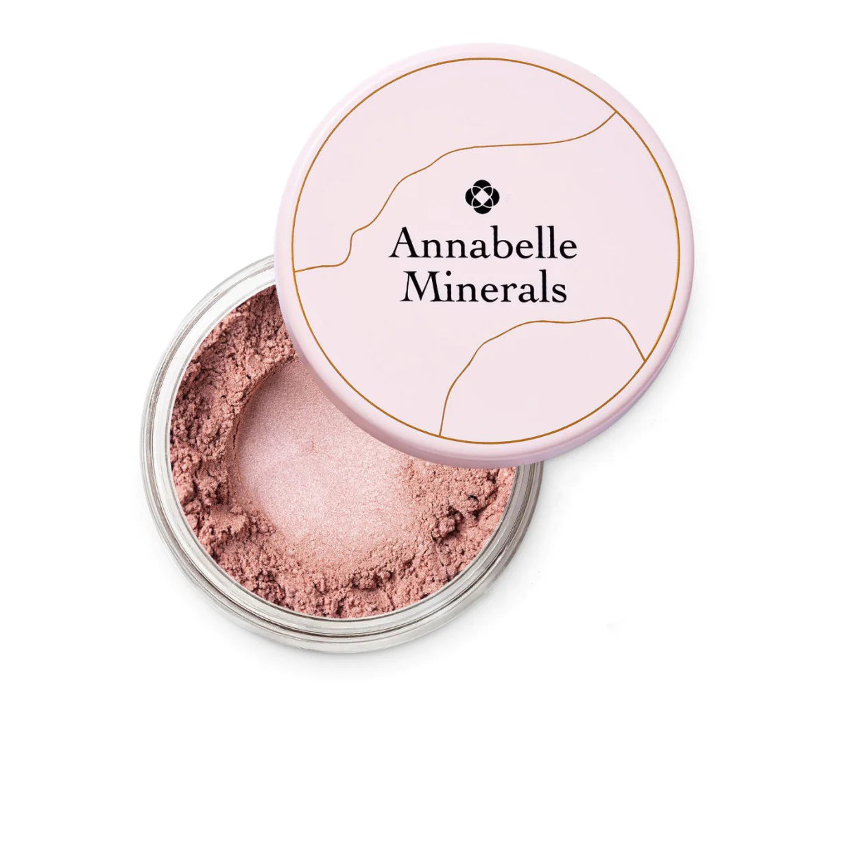 Open container of Annabelle Minerals with pink powder inside on a white background