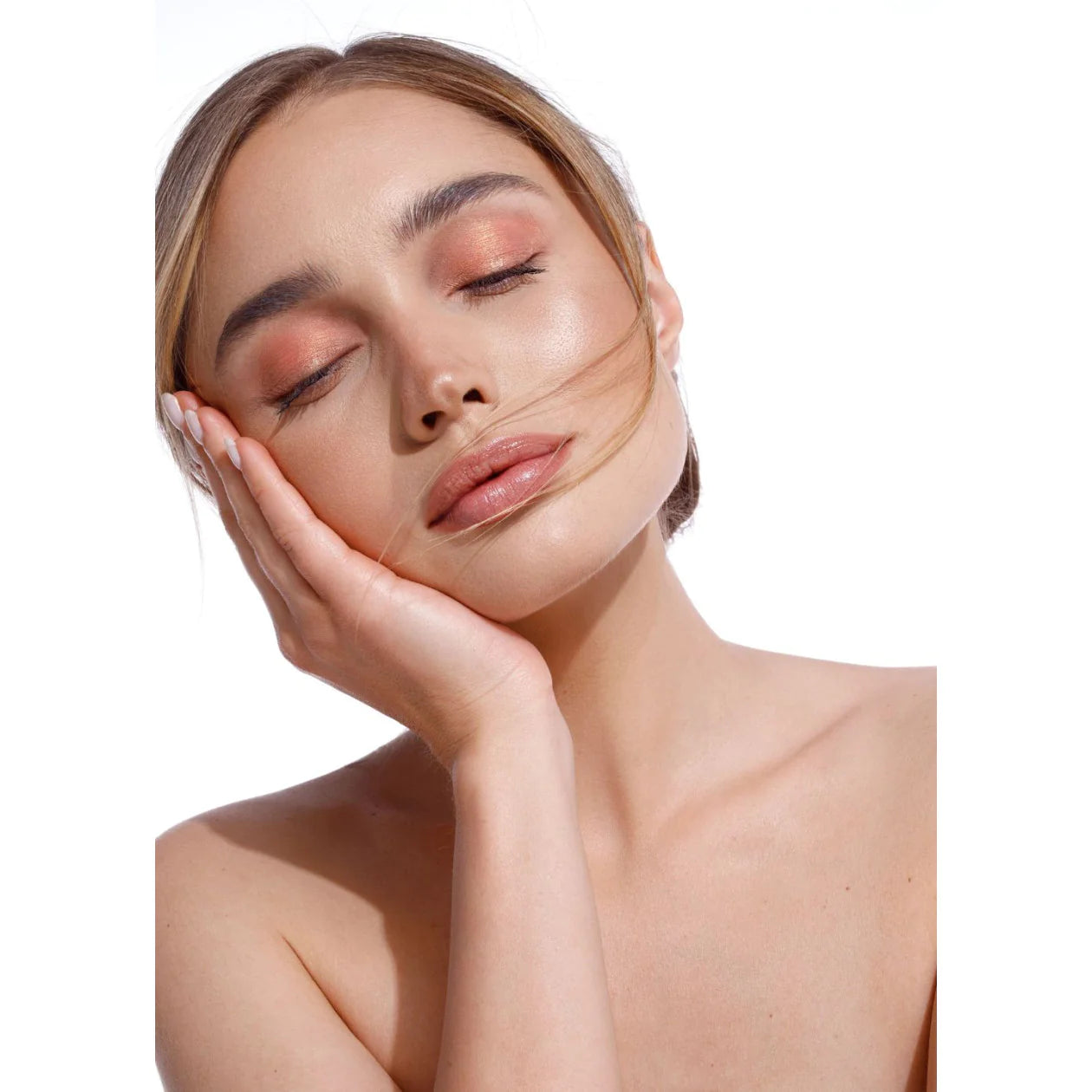 Woman with a smooth neck and shoulders on a white background