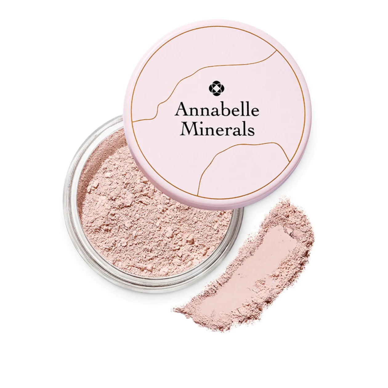 Annabelle Minerals powder with open container and sample on a white background