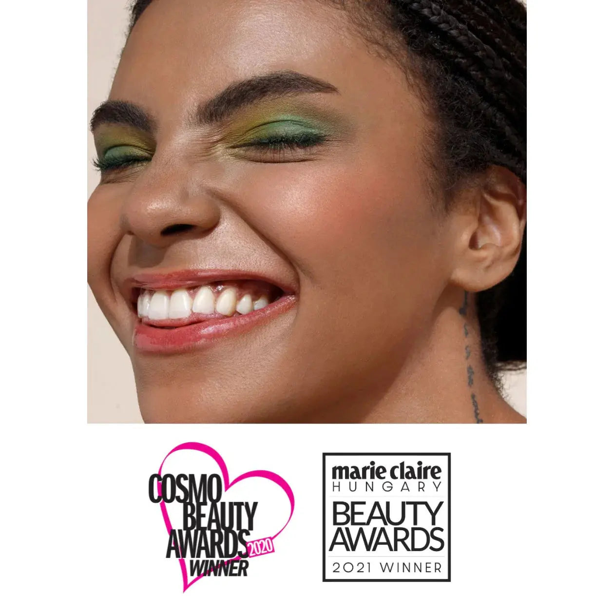 Woman with green eyeshadow and smiling, with Cosmo Beauty Awards and Marie Claire Hungary Beauty Awards logos.