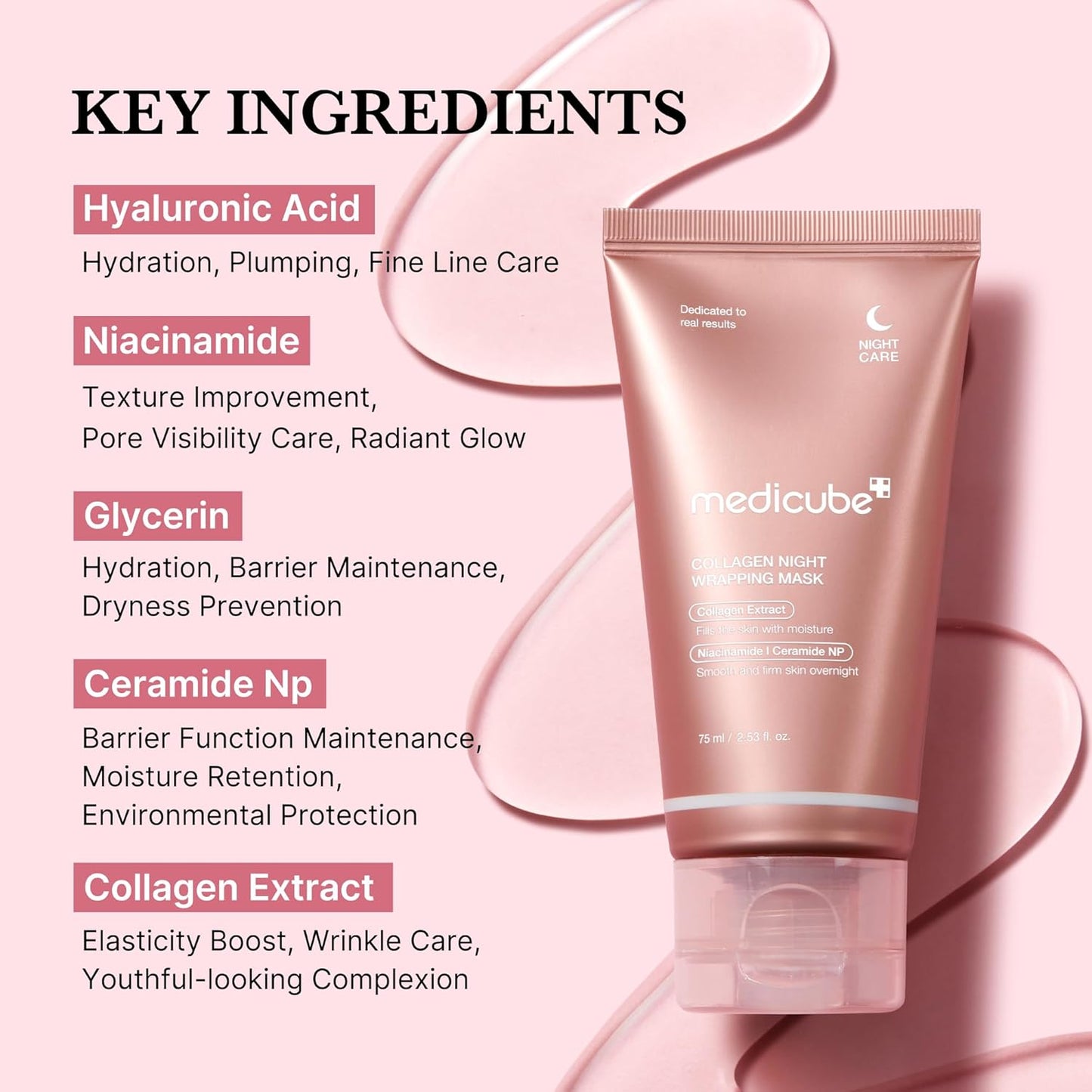 Medicube skincare product with key ingredients listed on a pink background