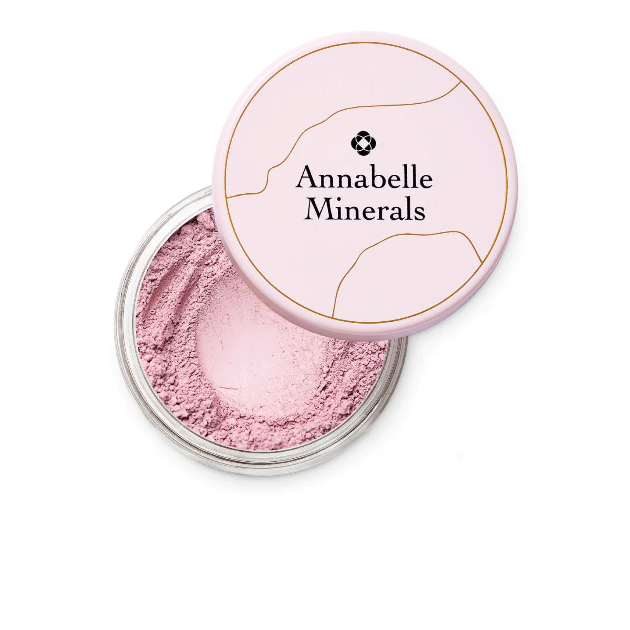 Open container of Annabelle Minerals with pink powder on a white background