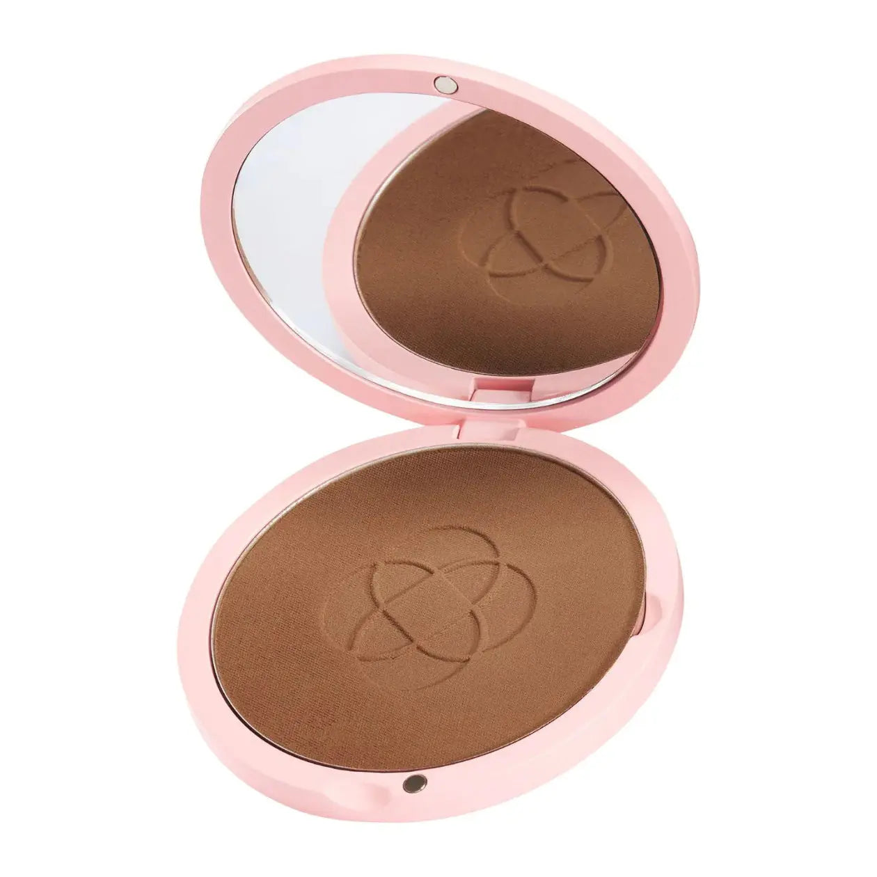 Compact powder in a pink case with a mirror on a white background