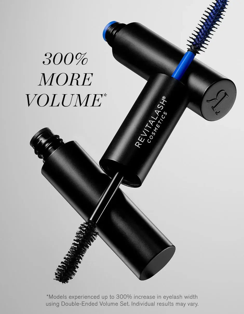 Revitalash eyelash product with text on volume increase on a gray background