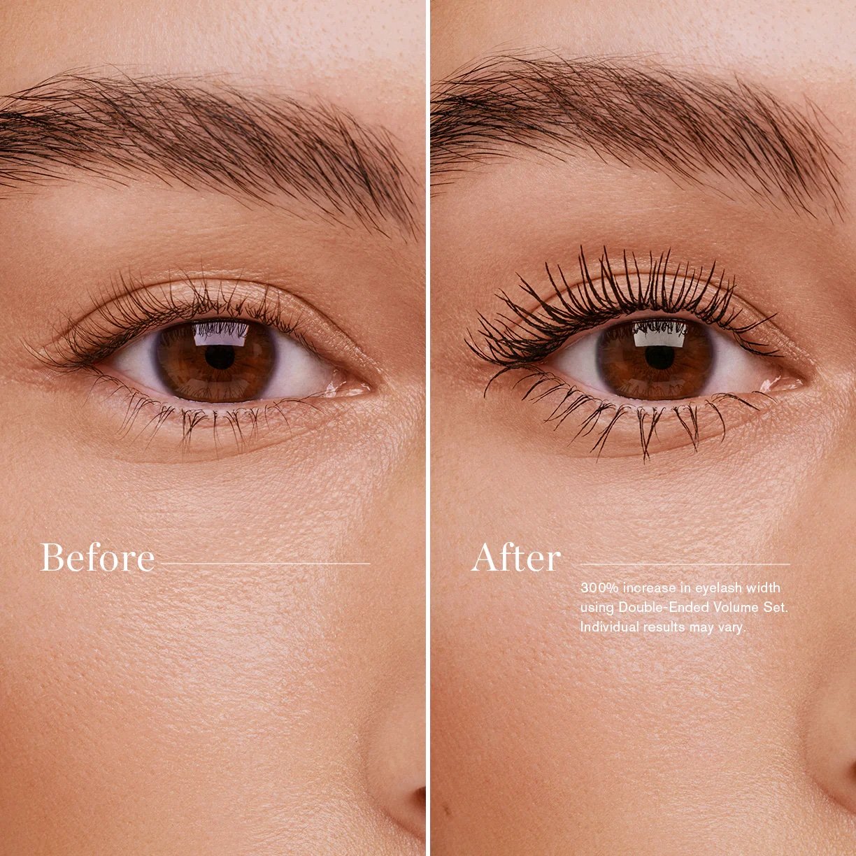 Before and after comparison of eye makeup with an increase in eyelash volume.