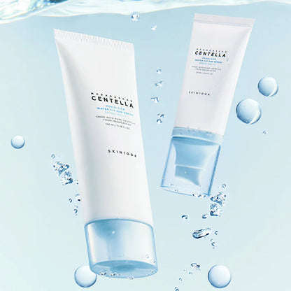 Two skincare products with water droplets and bubbles on a light blue background