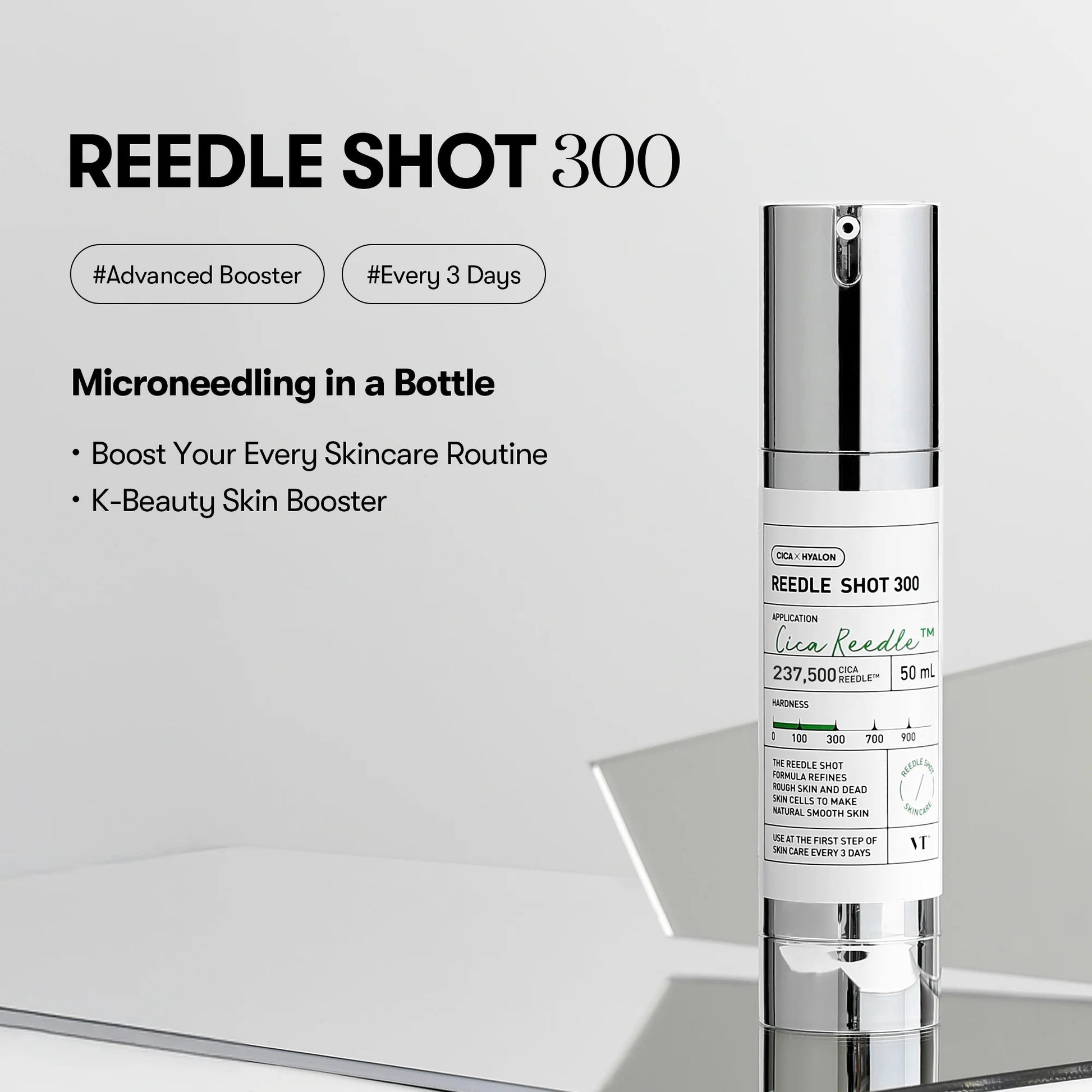 Skincare product 'REEDLE SHOT 300' on a reflective surface with a white background