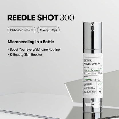Skincare product 'REEDLE SHOT 300' on a reflective surface with a white background