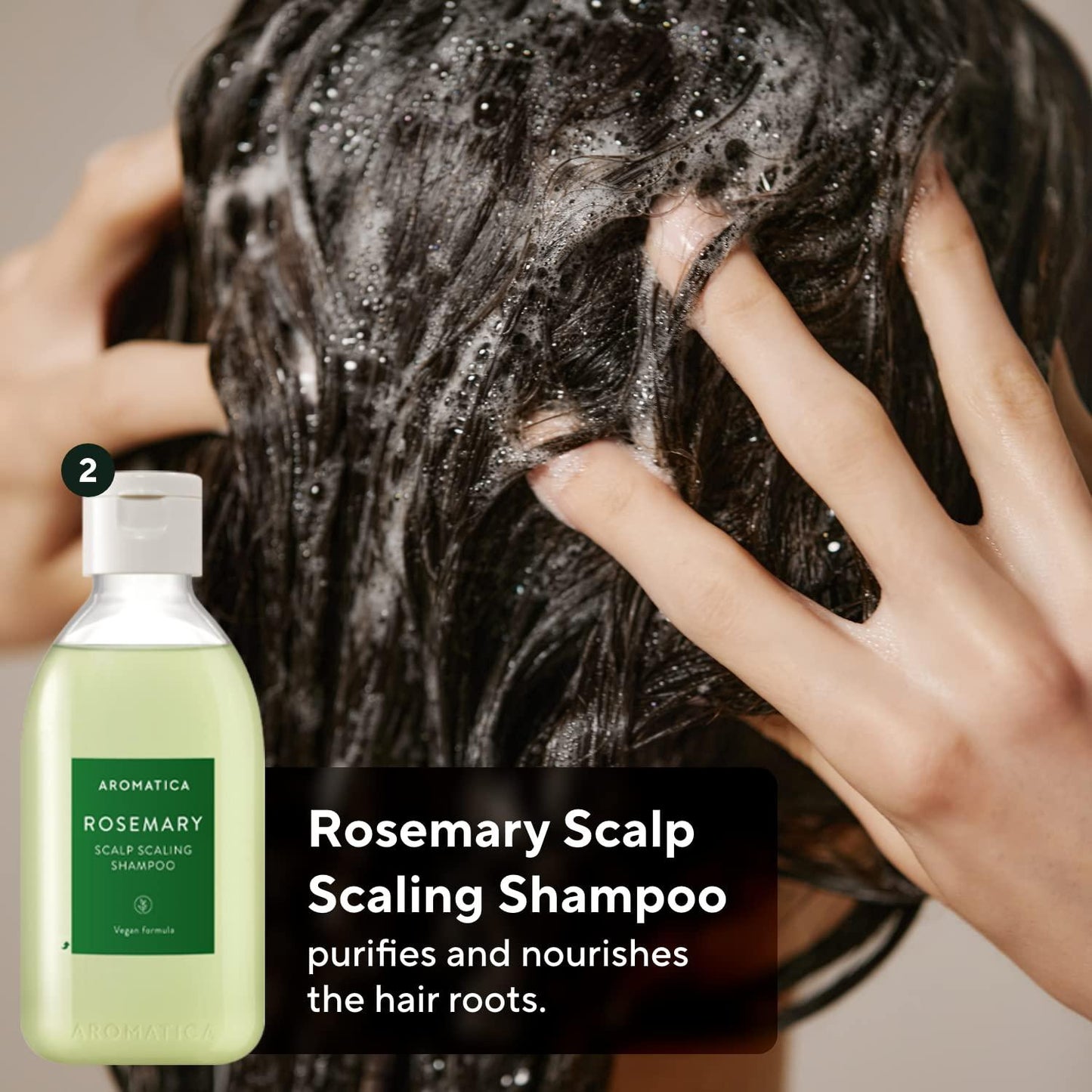 Person washing hair with Aromatica Rosemary Scalp Scaling Shampoo, showing product and text about its benefits.