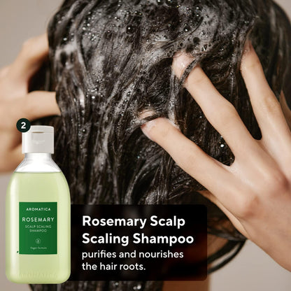 Person washing hair with Aromatica Rosemary Scalp Scaling Shampoo, showing product and text about its benefits.