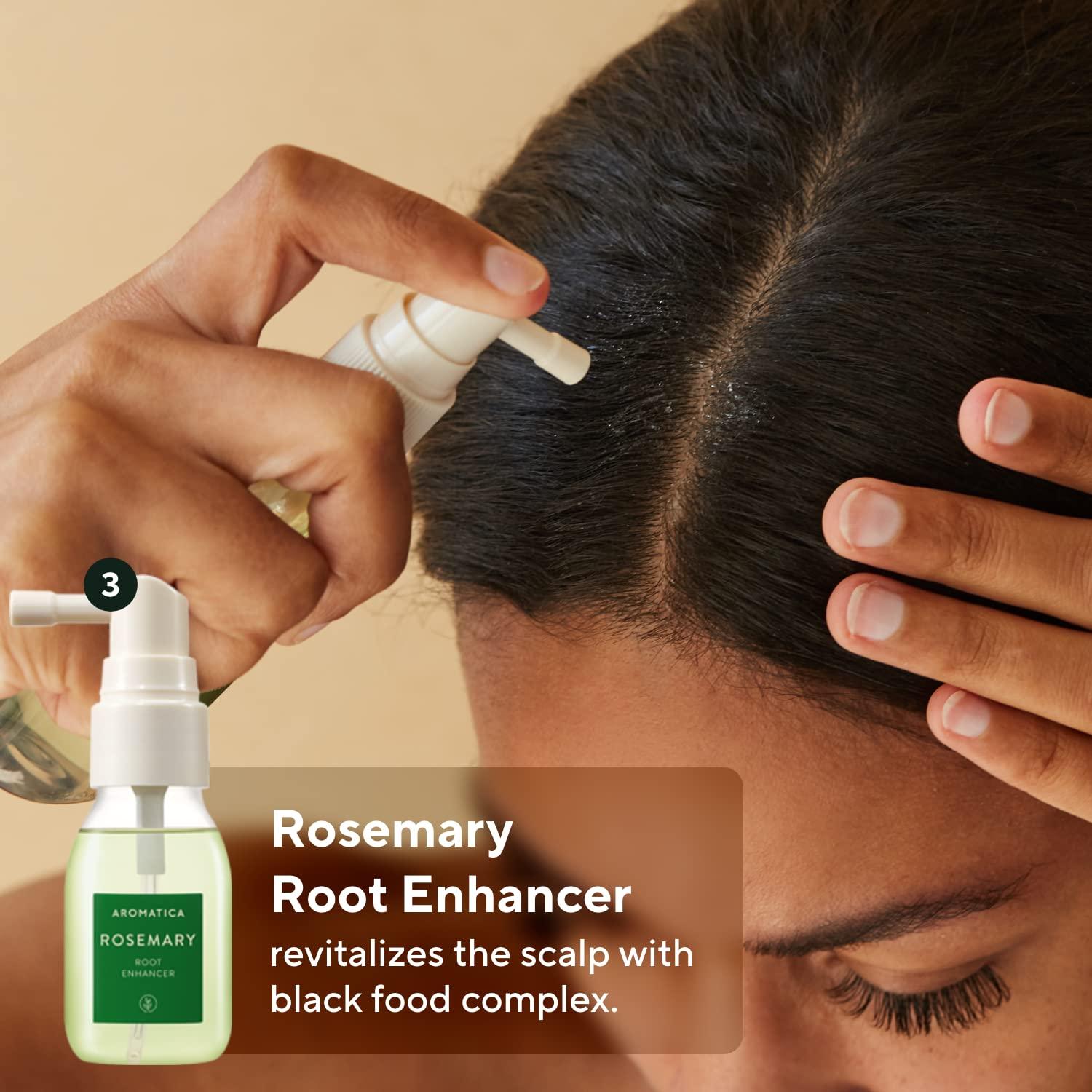Person using a Rosemary Root Enhancer spray on their scalp with a beige background